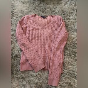 Pink Cable Knit V-Neck Sweater